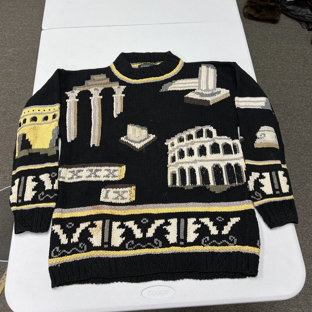 Berek Roman Architecture Sweater Mens M Black Intarsia Knit Vintage
